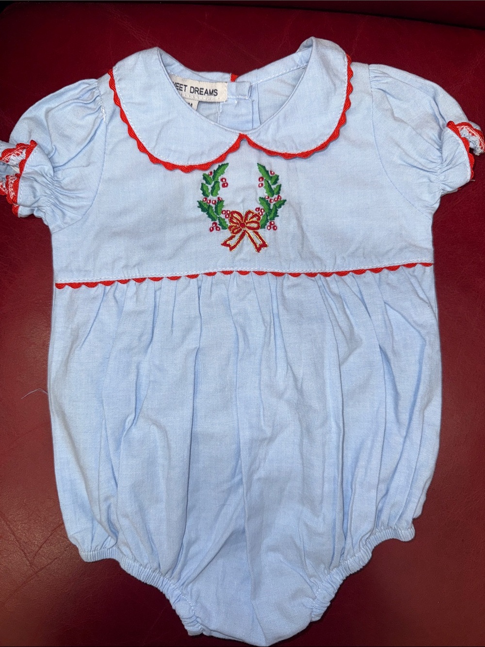 Sweet Dreams Light Blue Baby Romper with Red Trim and Wreath Embroidery